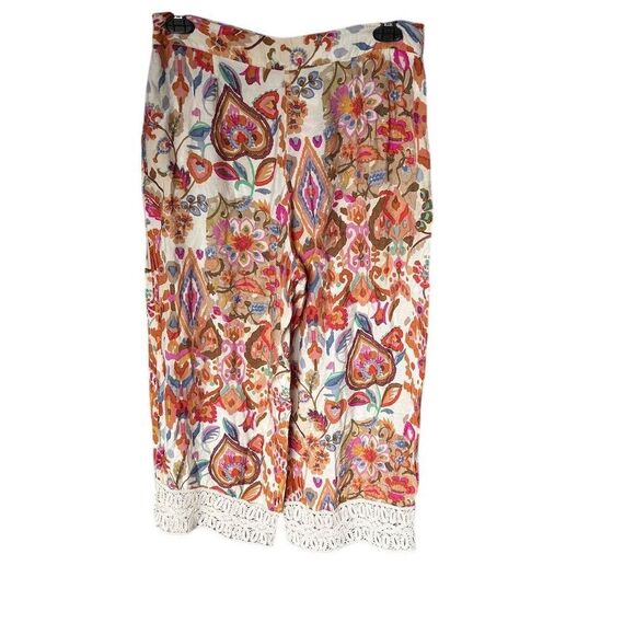 Zara Women's Floral Wide-Leg Cropped Pants Lace Trim Multicolor Size L Boho - Picture 2 of 6